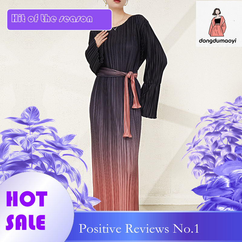 dongdumaoyi Korean high end temperament pleated dress new three bedroom slim belt waist cinching gradient slimming mid length skirt