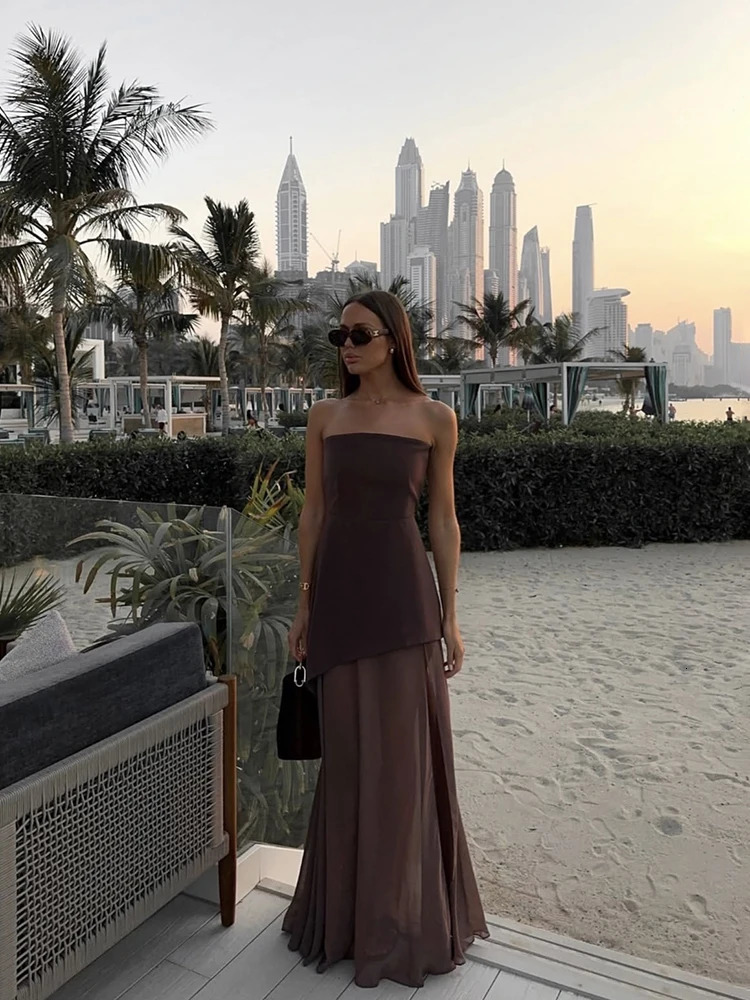Summer Women Fashion Strapless Dress With Ribbon Patchwork Elegant Sleeveless Mesh Split Vacation Beach Long Dresses 250514