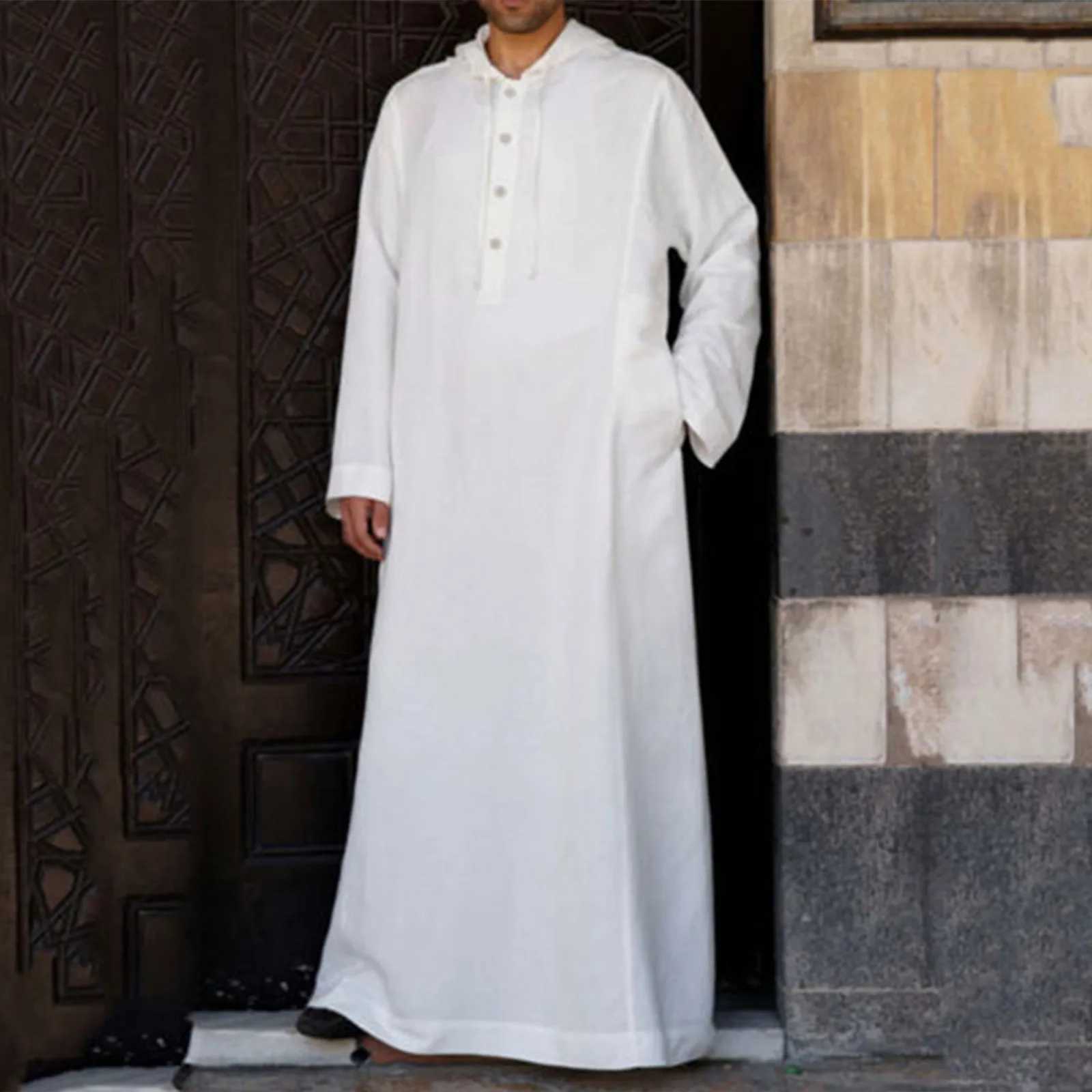 Mens Hooded Muslim Robe Button Long Sleeve Casual Jubba Thobe 2025 Ramadan Muslim Prayer Robe Arabian Islamic Clothes Djellaba X250514