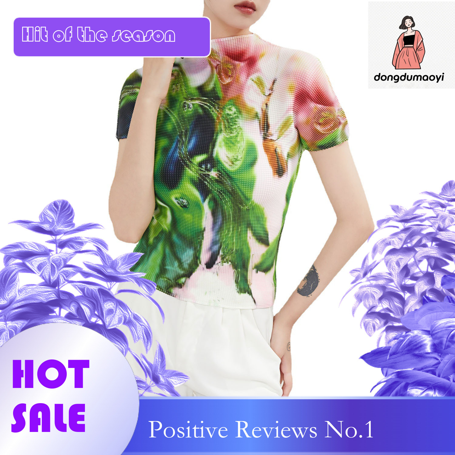 dongdumaoyi Summer 2023 Miyake printed temperament stand up collar short sleeved t-shirt slimming versatile high-end thin pleated top for women