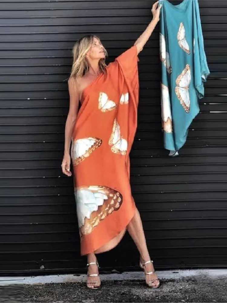 Color Butterfly Print One Shoulder Sleeve Dresses Women Sexy Off Shoulder Loose Beach Vacation Irregular Long Dress StreetwearXJ250514