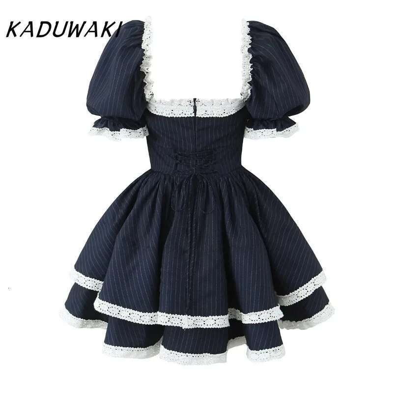 KADUWAKI Navy White Striped Spliced Lace Collar Ball Gown Dress Puff Sleeve Retro Women Ruched Waist Lacing Up Back Cake Dresses