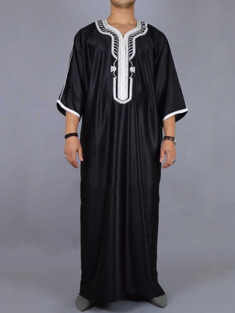 Arab Long Robe Islam Kaftan Muslim Eid Men Moroccan Dubai Caftan Embroidered Loose Breathable Abaya Jalabiya Thobe Summer 2024 X250514