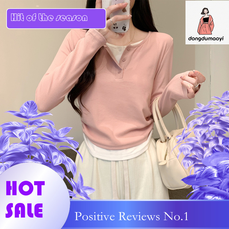 dongdumaoyi fake two piece long sleeved women's 2025 spring new short style slim fit base shirt Korean version versatile top T-shirt