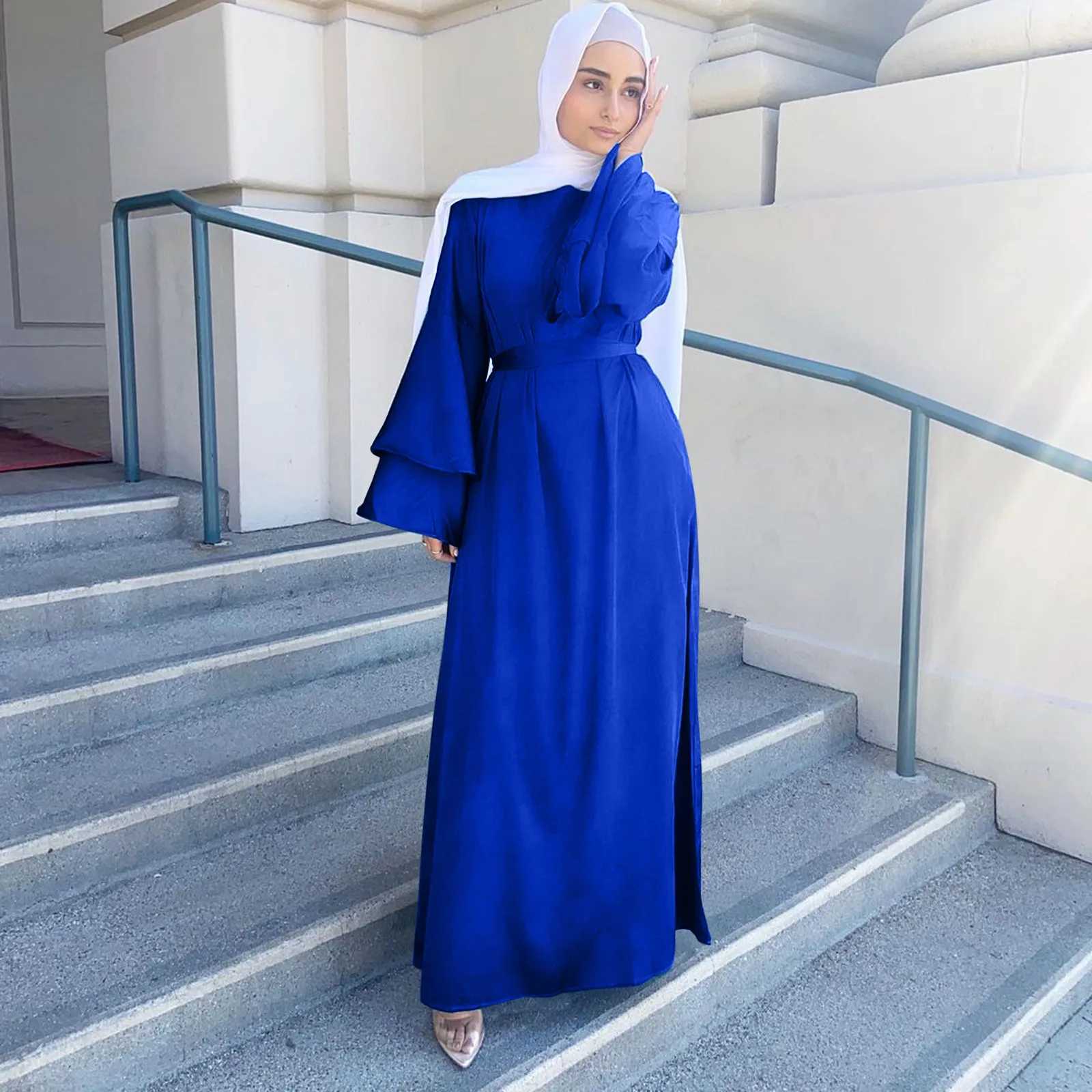 Solid Color Muslim Womens Maxi Dress O-Neck Satin Soft Summer Dresses For Women With Long Slve Elegant Dress For Women Summer X250514