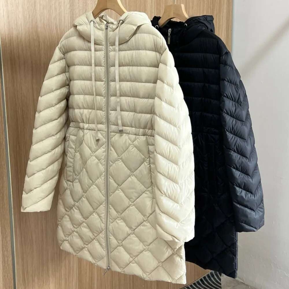 2024 Autumn Winter Slim Hooded Puffer Jacket Women Waistband Lightweight Long White Duck Down Coat Female Casual Solid Parka