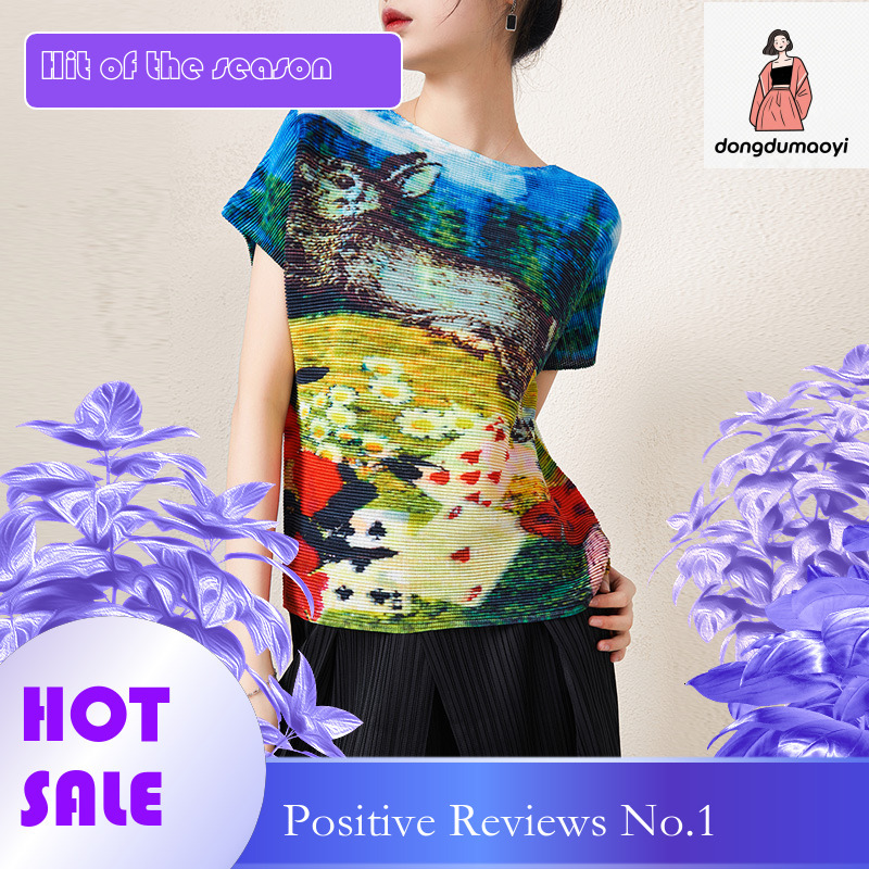 dongdumaoyi Wrinkle printed T-shirt 2023 summer three bedroom new loose oversized stylish and creative commuting art top