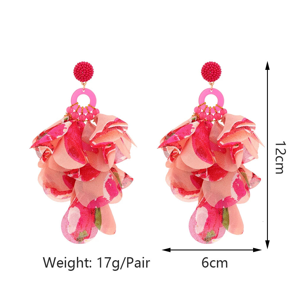 Boho Printed Fabric Flower Petal Decor Dangle Earrings For Women Elegant Handmade Bead Tassel Exaggerated Pendant Jewelry 250514