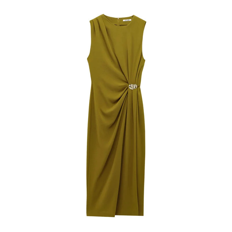 Womens Dress Spring Olive Green Pleated Waist Decoration Show Your Body Elegant Temperament Banquet Style 250514