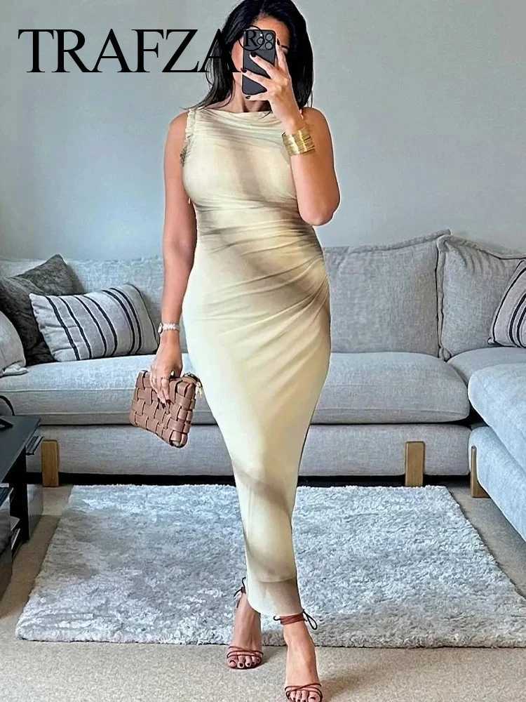 TRAFZA 2024 Womens Ruched Tulle Bodycon Dress Summer Print Ruffle Mesh Long Dress Female Sleeveless Midi Elegant Party DressesXJ250514