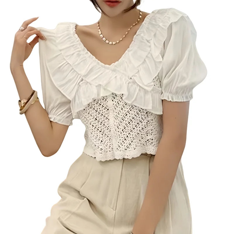 REALEFT Spring Summer Hollow Out Lace Crochet Womens Blouses Short Sleeve Ruffles Vneck Casual Shirts Top for 250514