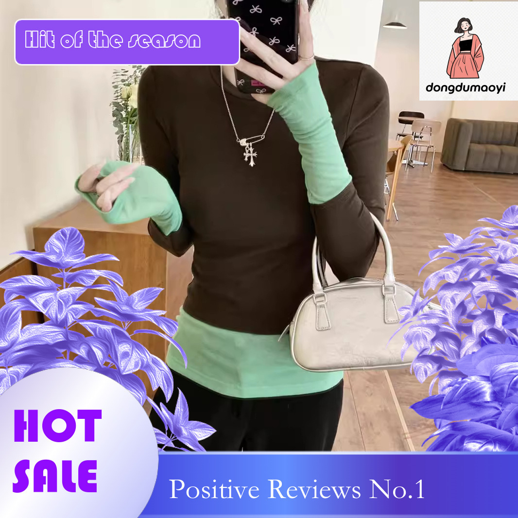 dongdumaoyi 2025 Spring Color Match Splicing Round Neck Fake Two piece Long Sleeve T-shirt for Women, Design Sense, Slim Fit Bottom Shirt Top