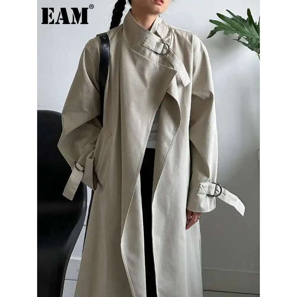 EAM Women Apricot Big Size Elegant Trench New Stand Collar Long Sleeve Windbreaker Fashion Spring Autumn 2025 1DH8165