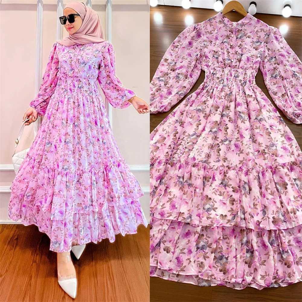 New Fashion Women Print Floral Maxi Dress Chiffon Ruffles Party Gown Muslim Abaya Dubai Kaftan Turkay Robe Eid Ramadan Jalabiya X250514