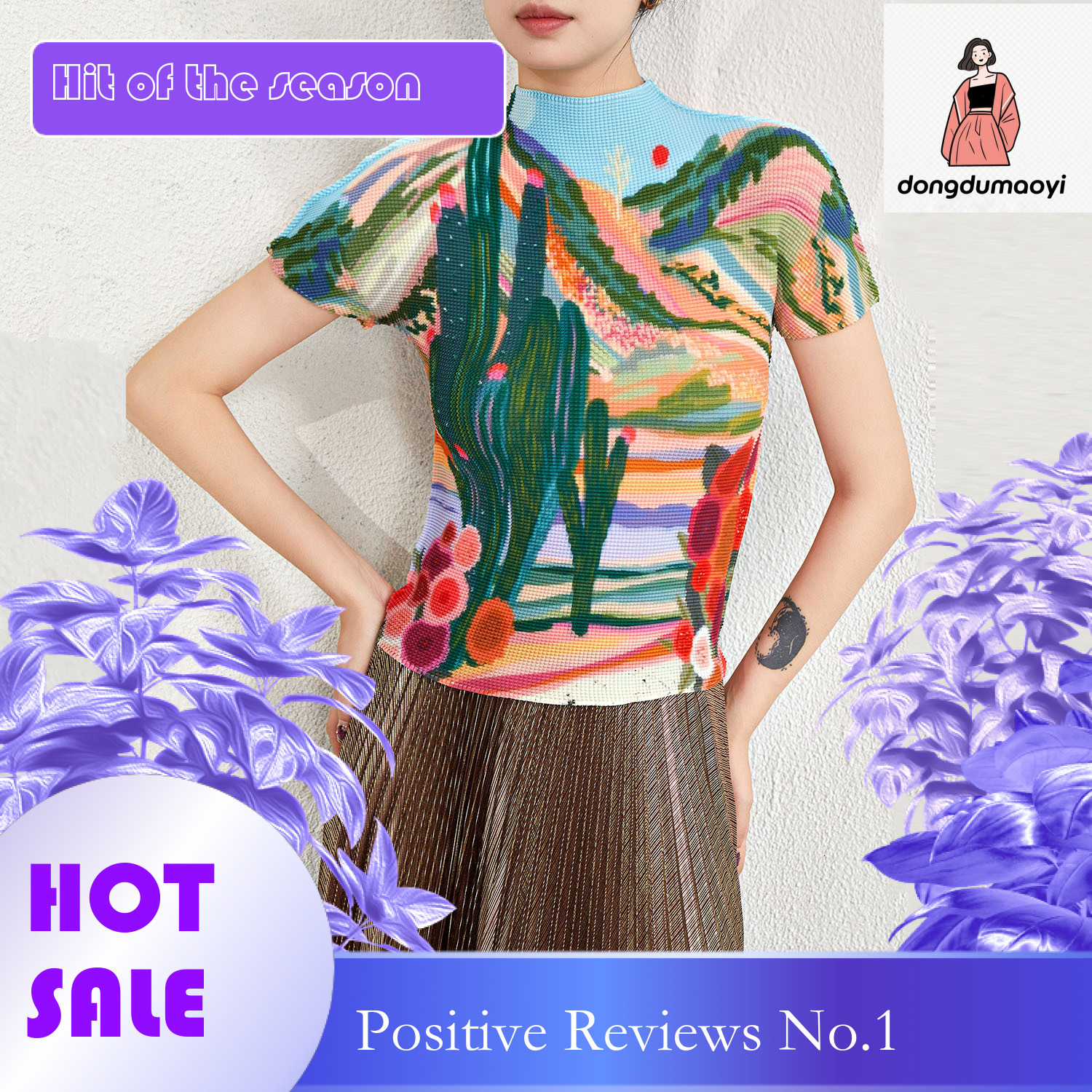 dongdumaoyi Miyake semi high neck short sleeved T-shirt for women in summer 2023 pleated new slim fit printed top