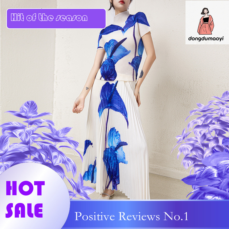 dongdumaoyi Miyake skirt design, niche texture, t-shirt, plant flower mid length skirt, two-piece set, women's clothing