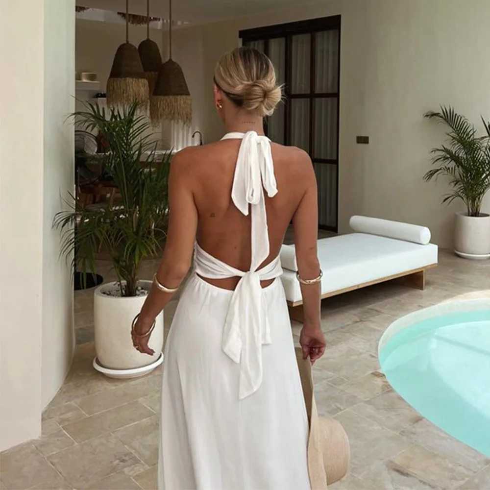 Spring and Summer European and American Sexy Spicy Girl Hanging Neck V-Neck Open Back Fashion Style Long Split Dress for WomenXJ250514