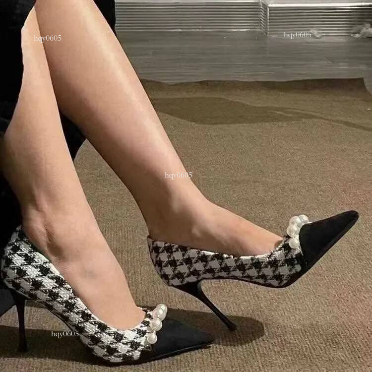 Top quality Brand High Quality New Style Free Delivery Designer womens high-heeled hunting dog stone pump black toe clothing tweed boat pearl designer