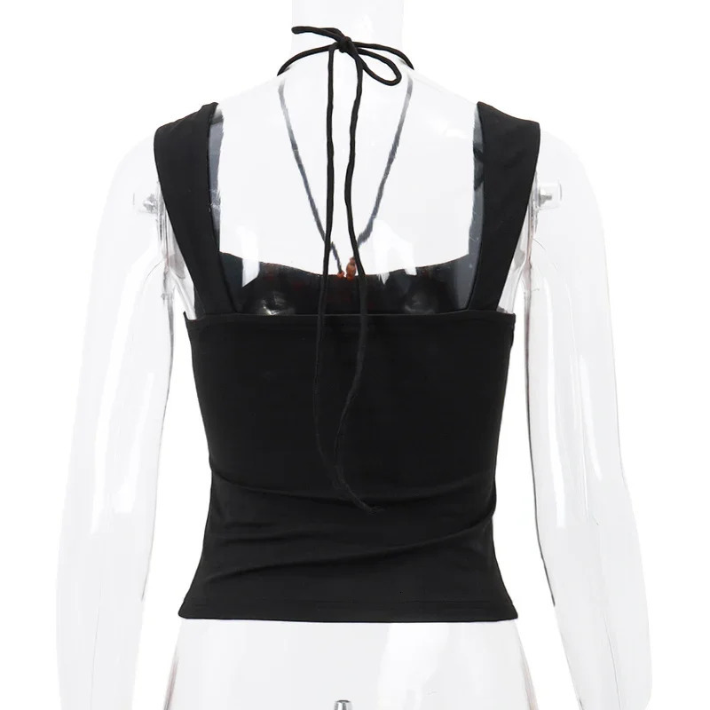 Where Mery summer womens black ultrathin tank top Y2K sexy square neckline pleated backless crop casual sleeveless tight vest 250506