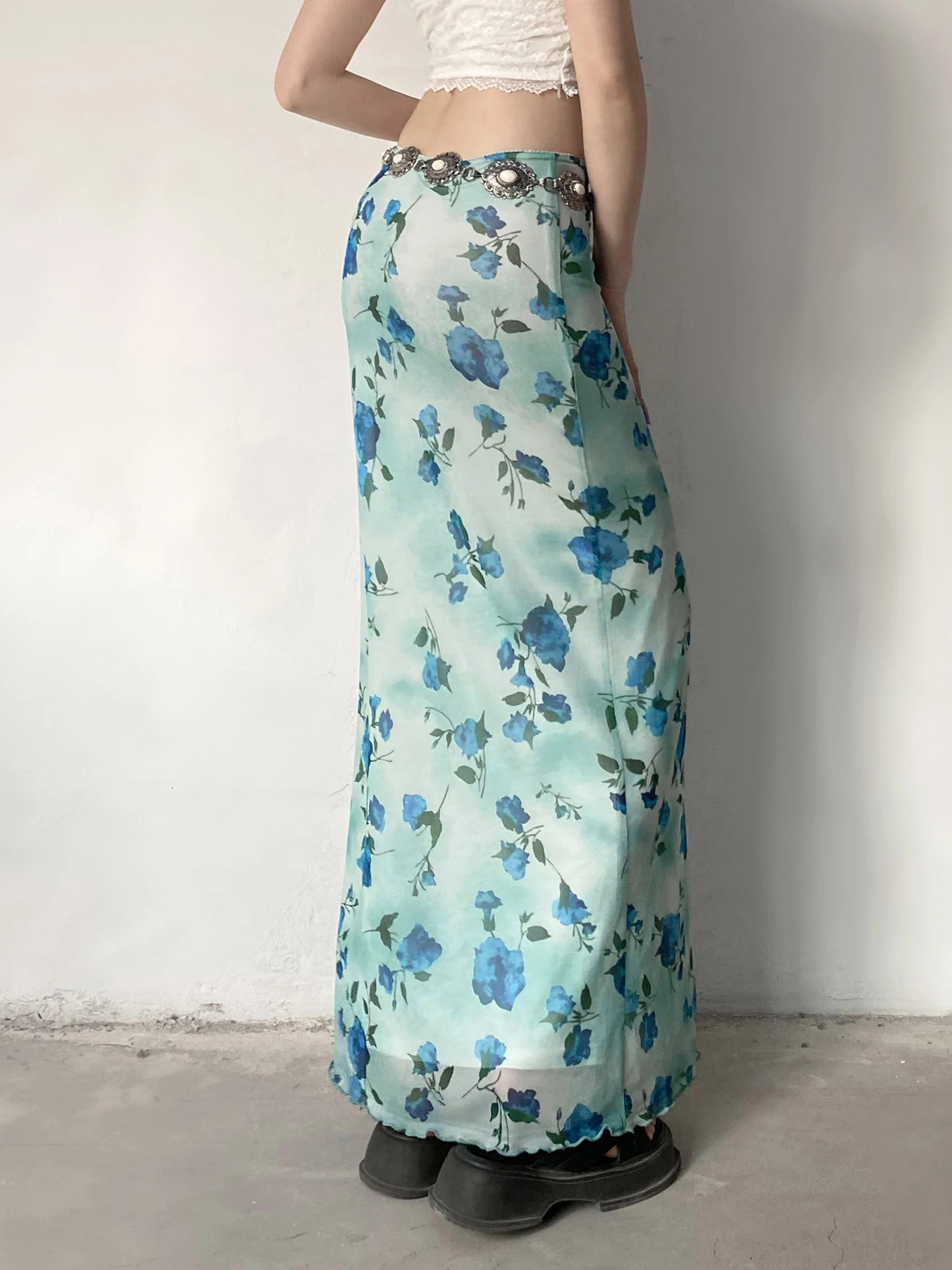 Rockmore Floral Print Bow Front Lettuce Trim Long Mermaid Skirt for Party Holiday Wedding Guest Elegant High Waist Bodycon 250514