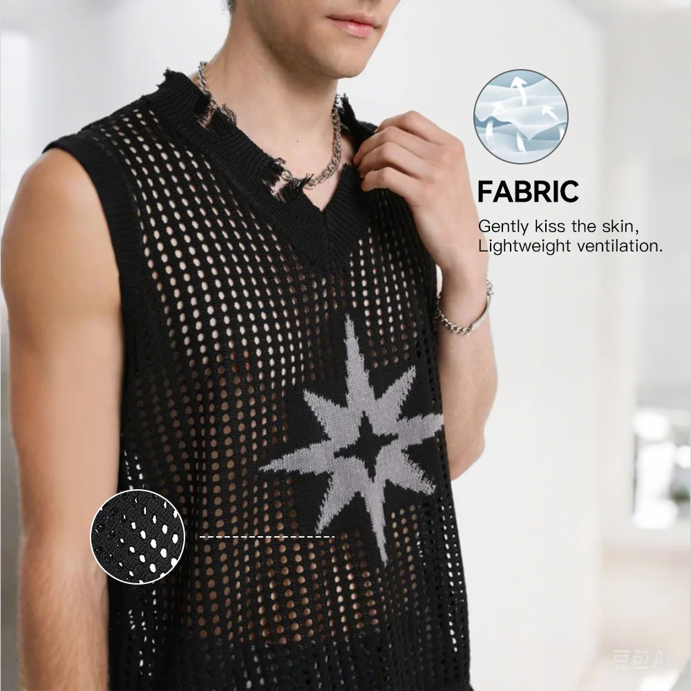 Slavinson Mens Knitted Tank Top Summer Solid Color Star Pattern Mesh Casual Sleeveless Breathable Wool Soft US Size 250506