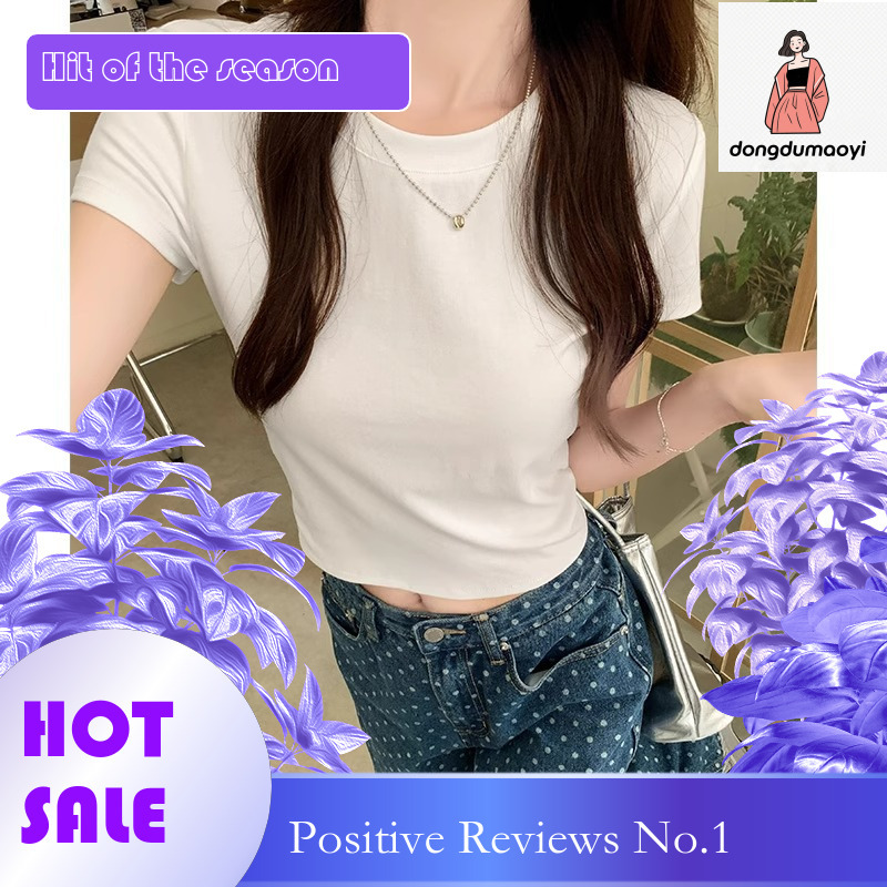 dongdumaoyi 2025 French Summer Sweet and Spicy Girl Round Neck Wrinkled Dopamine Solid Color Top Women's Versatile Hollow Drawstring T-shirt