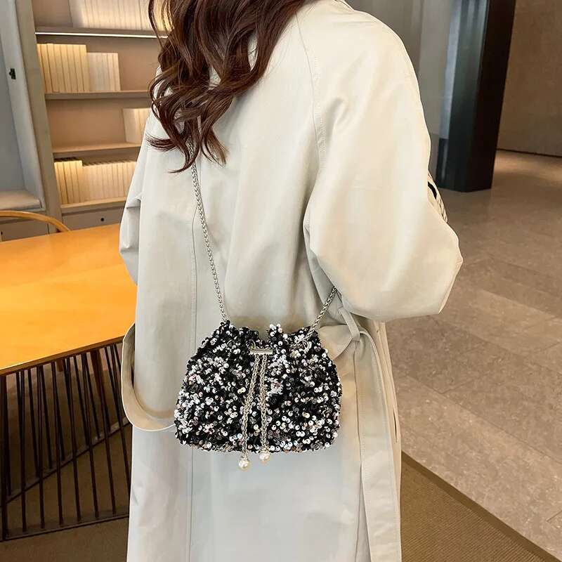 New Evening 2025 Fashion Sequin Bucket Bag Crossbody Bags for Women PU Black Sier Purse and Handbags