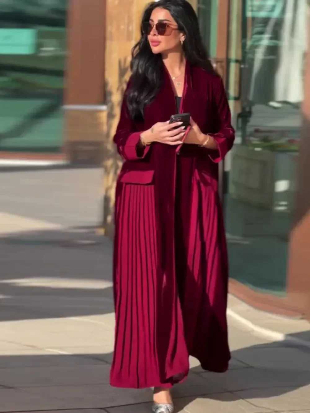 Muslim Women abaya velvet pleated Trench Coat Ramadan Eid Morocco Cardigan Overcoat Folds Long Outerwear Saudi Arab Windbreaker X250514
