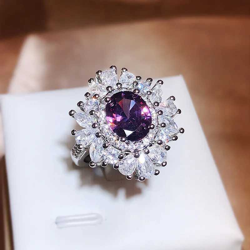 925 Silver New Model Amethyst Opening Ring Female Bling Long Pillow She Deep Purple Zircon Full Diamond Ring Bridal GiftXJ250514