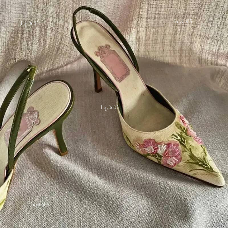 Top quality Brand High Quality New Style Free Delivery Designer Embroidered Stiletto Heel Women Elegant Heels Slingback Sandals 2024 Summer China Embr