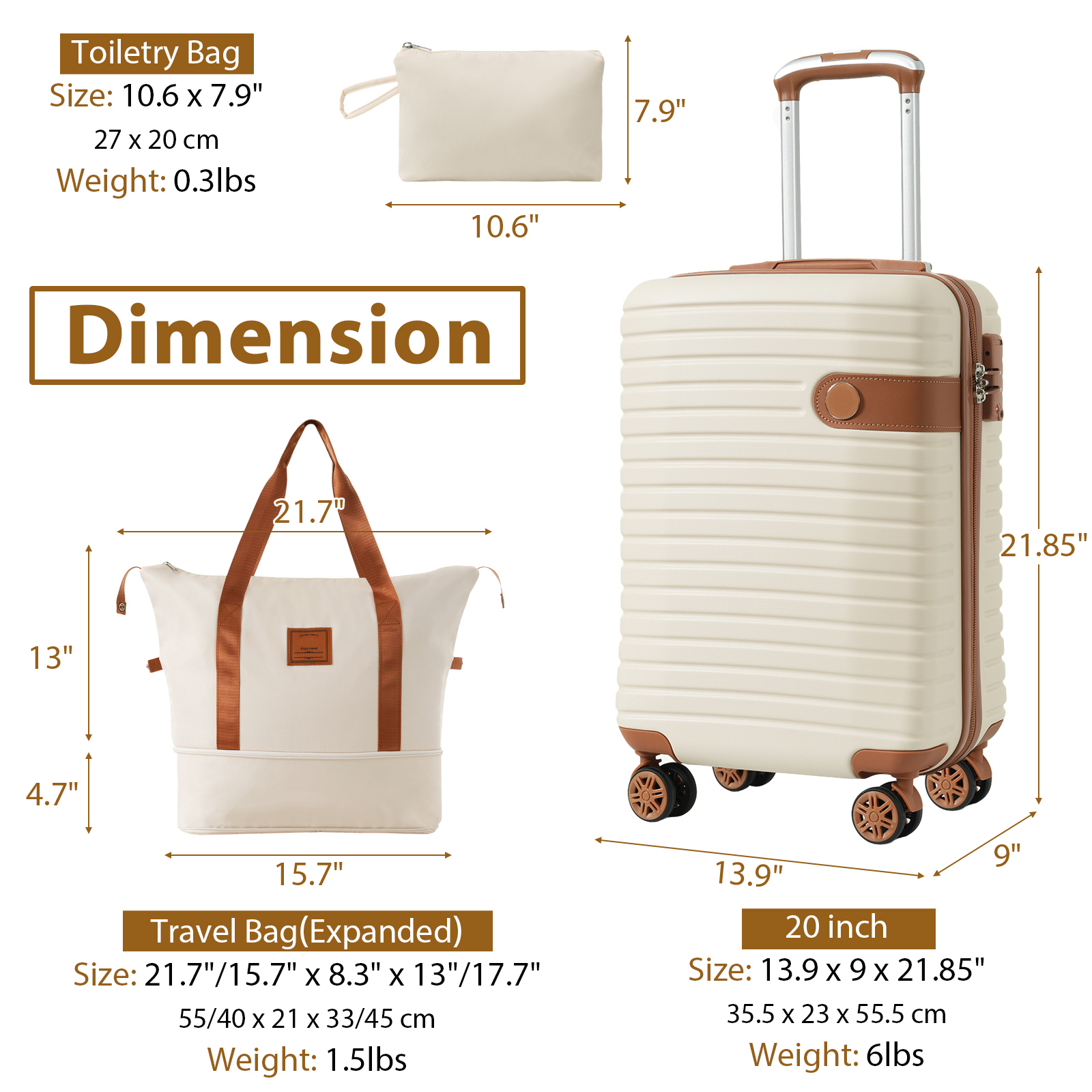 3-Piece Luggage Set: 20-Inch Carry - on Luggage, Airline Approved, Lightweight Hardshell ABS Suitcases with Wheels and TSA Lock Retractable pull rod T