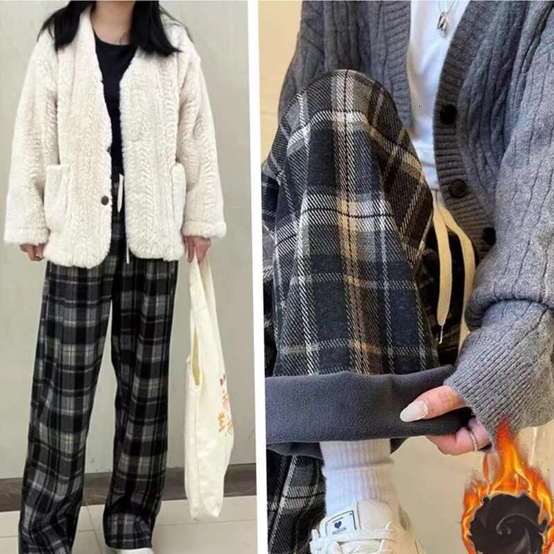 Plus Size Thicken Veet Women Winter New Arrivals High Elastic Waist Plaid Ladies Trousers Vintage Pants Female