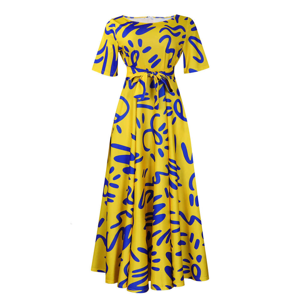 Women's Wear D3323 Women's Clothing New Fashionable Temperament Lace Up Printed Short Sleeved Big Swing Dress