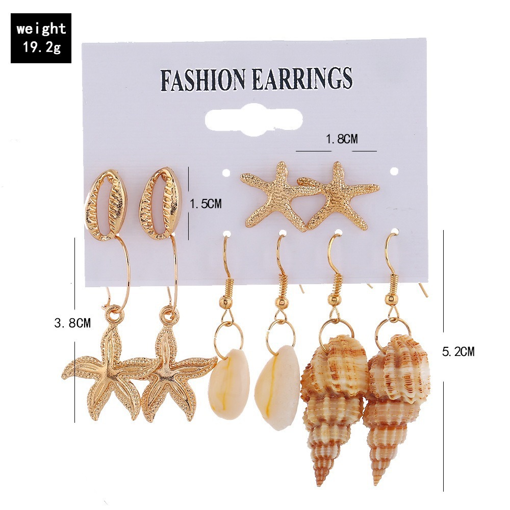 Popular fashionable beach style, golden shell, starfish, conch, 5 pairs of combination and earrings