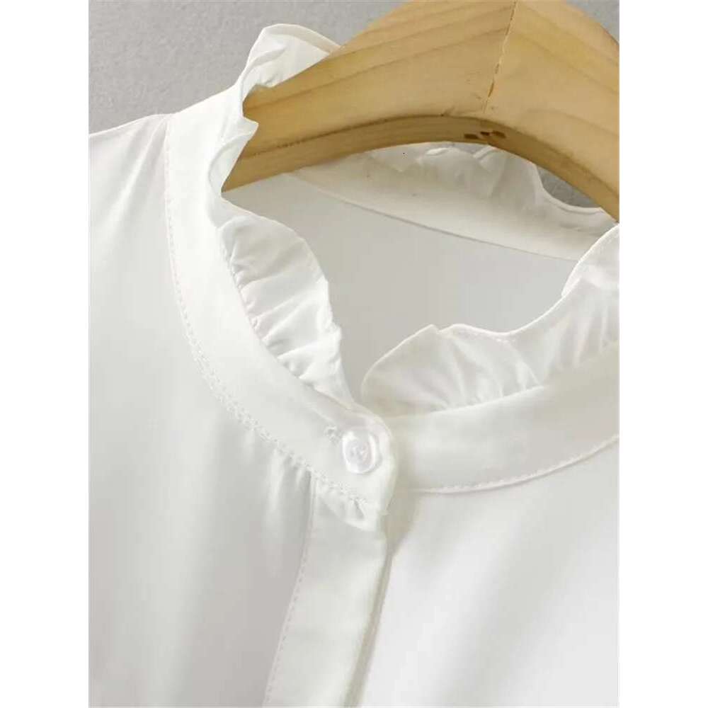 Plus Size Women's Spring Shirt Ruffled Stand Collar Solid Long Sleeve Top With Three-Dimensional Ruffle Trim On Front Chest