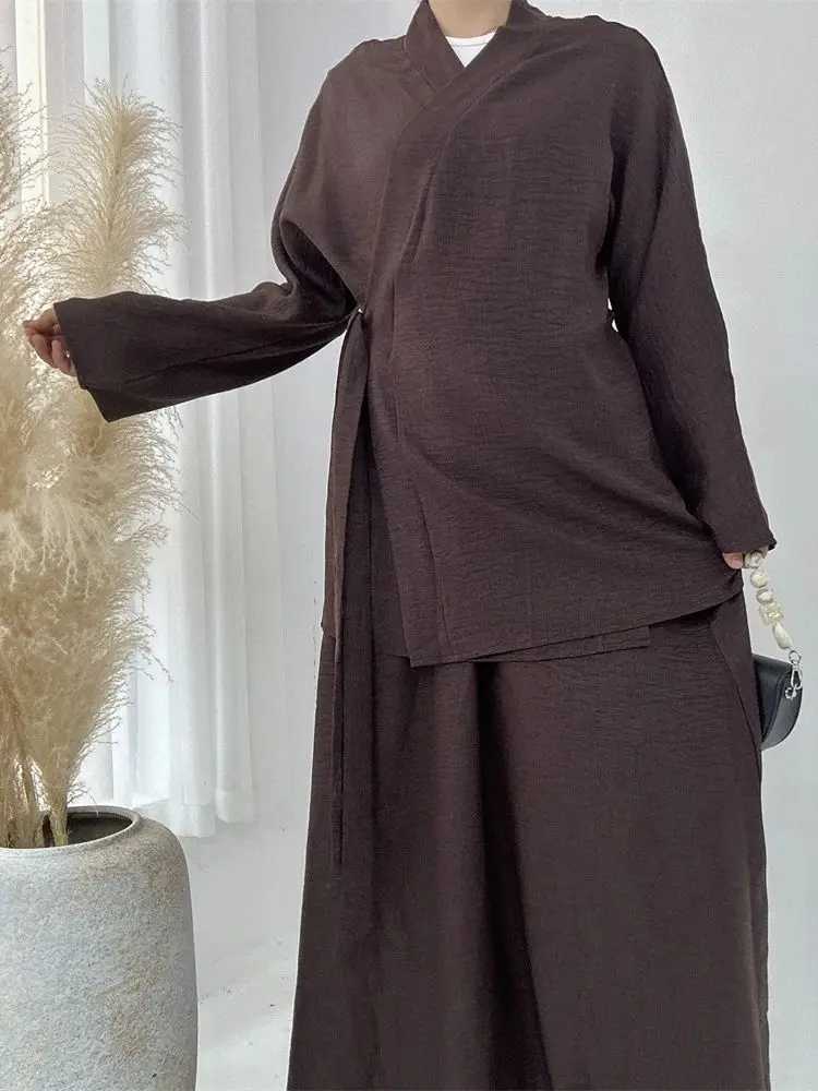 Ramadan Eid Plain 2 Piece Abaya Set Tops Skirt Modest Muslim Sets Abayas For Women Robe Caftan Marocain Femme Musulmane Kaftan X250514