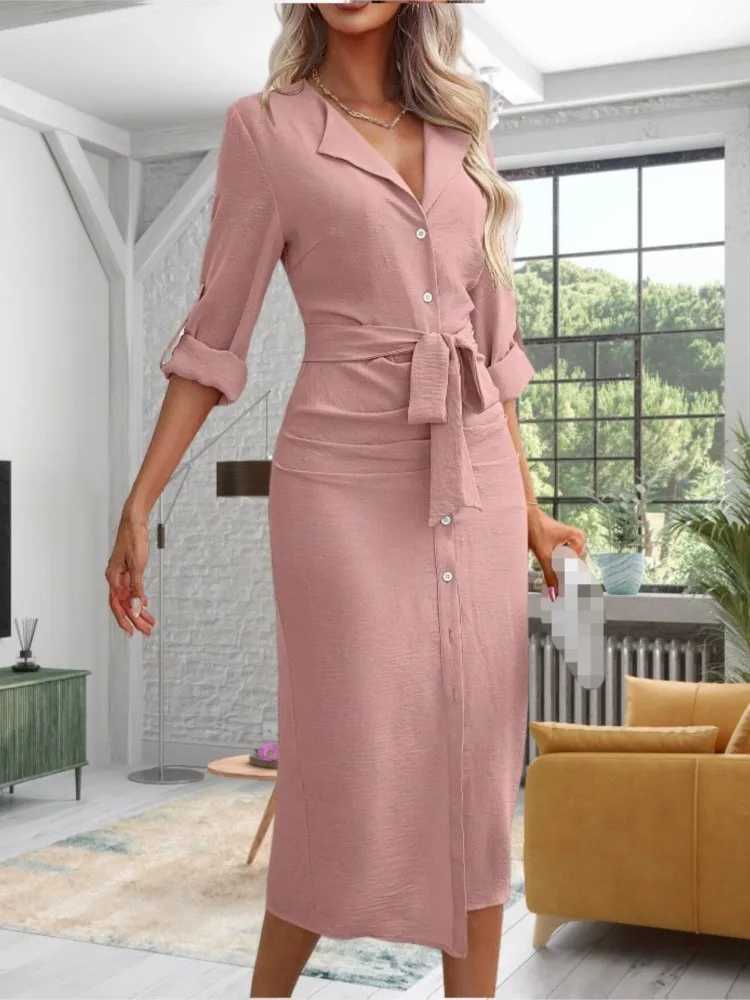 2024 Womens New Autumn Solid Color Lapel Waist Cinching Lace Up Temperament Sexy Slit Single Breasted Dress For WomenXJ250514