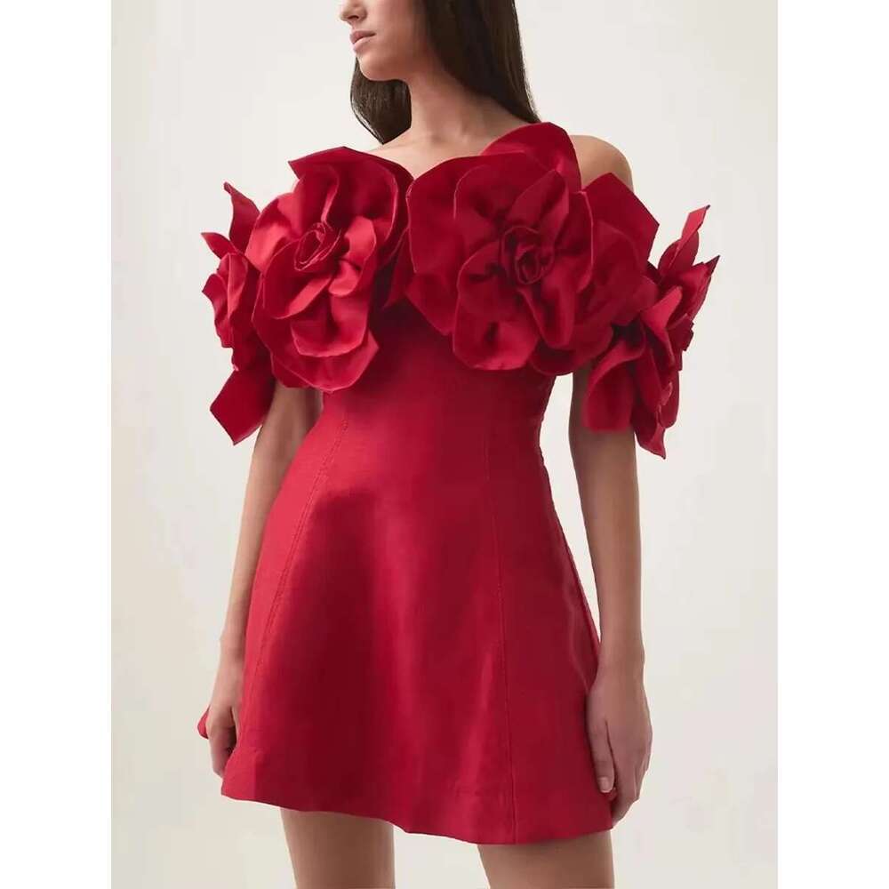TWOTWINSTYLE Solid Spliced 3D Flower Tunic Dresses for Women Slash Neck Off Shoulder High Waist Patchwork Zipper Dress Female