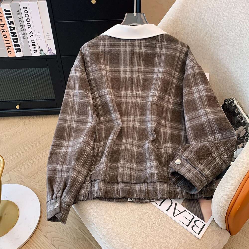 Autumn and Winter Plus Size Women's Tweed Plaid Suit Lapel Loose Jacket A-line High Waisted Skirt Casual Commuter