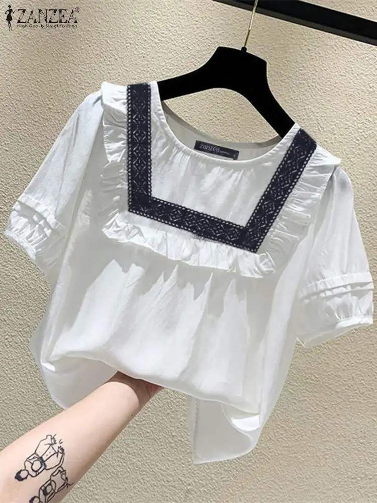 ZANZEA Women Korean Fashion Lace Patchwork Blouses Casual O Neck Spliced Ruffles Blusas Mujer Elegant Short Puff Sleeve Tops 250514