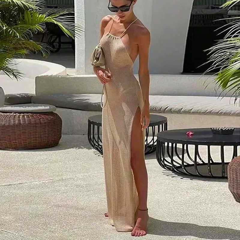 2025 Knitted Cover Up Beach Sexy See-through Long Slit Slim Dress Summer Bikini Cover Up Elegant Halter Neck Beach SkirtXJ250514