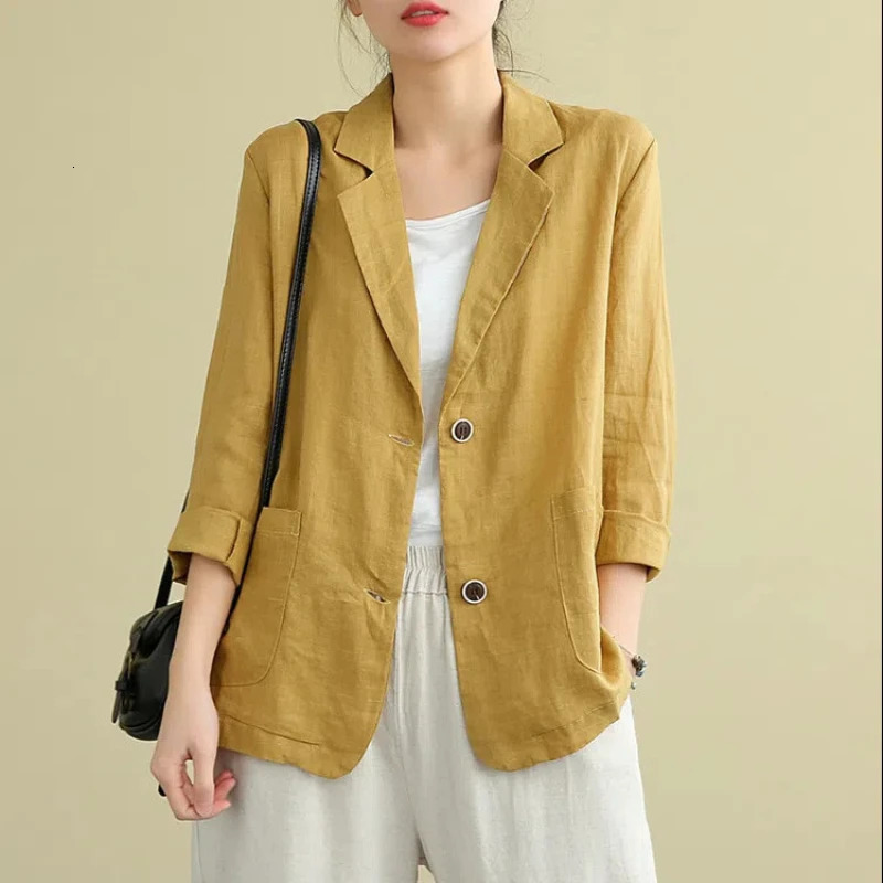 Casual Cotton and Linen Suit Jacket Women Spring and Summer Loose solid Long-sleeved Blazer Woman Sunscreen Clothing 250513