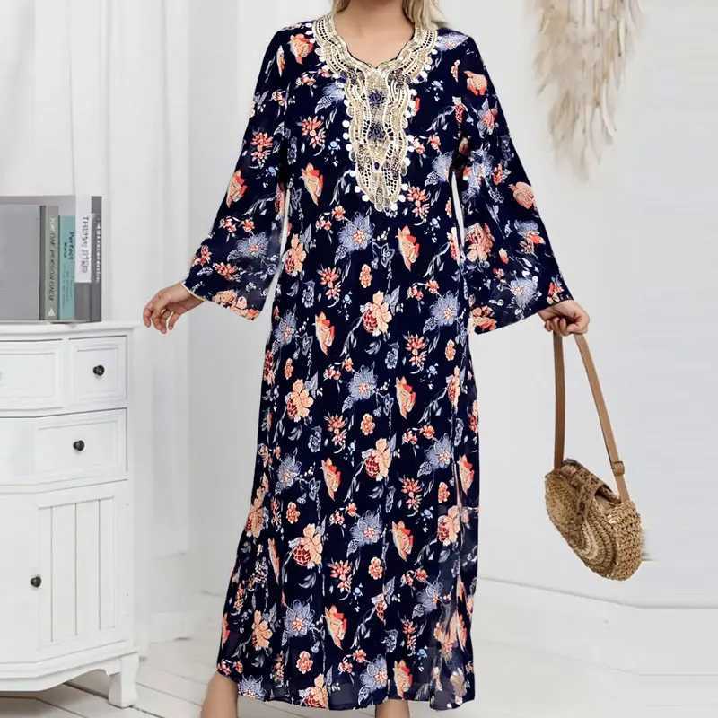 Women Floral Printed Muslim Dress Vintage Long Slve Abaya Hijab Sundress Robe Femme Eid Mubarek Dubai Turkey Vestido X250514