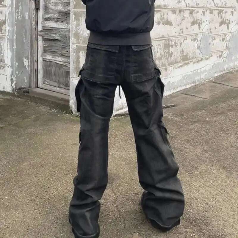 High Street Drawstring Zipper Sliced Wide Leg Cargo Msn's Casual Straight Trousers Loose Denim Pants 28W5963