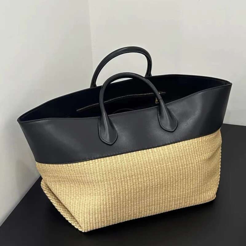 Genuine Leather Straw Ing Contrast Color Large Capacity Handbag Brand Tote Commuter Wing-Shaped Storage Bag