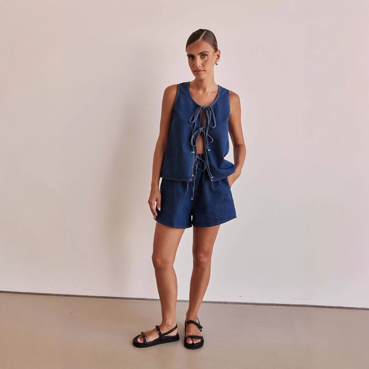Summer fashion casual sleeveless lace up high waisted womens vest denim suit shorts