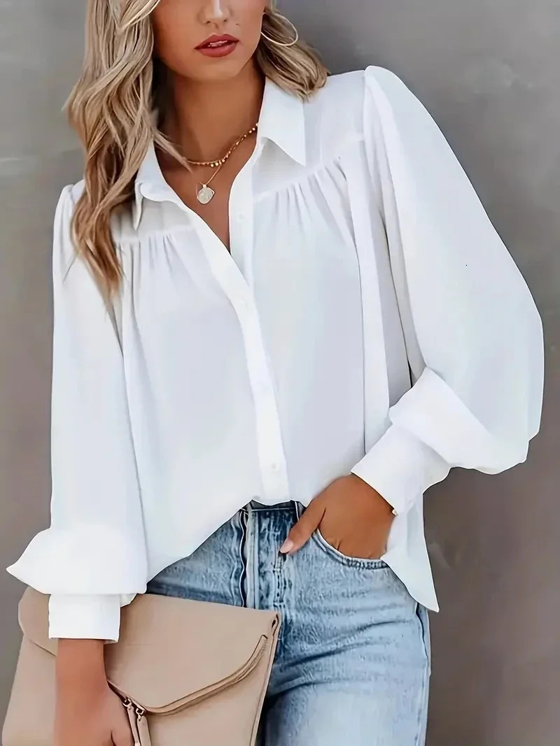 Plus Size 1XL5XL Womens Fashion Basic Blouse Ladies Solid Button Up Lantern Sleeve Turn Down Collar Shirt 250514