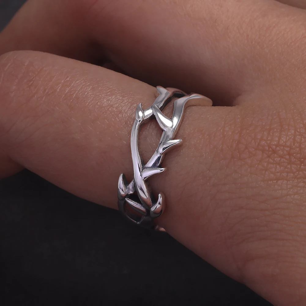 925 Sterling Silver Gothic Thorn Couple Rings for Women Men Punk Retro Cool Spiky Finger Ring Adjustable Hip-hop Y2k Jewelry 250509