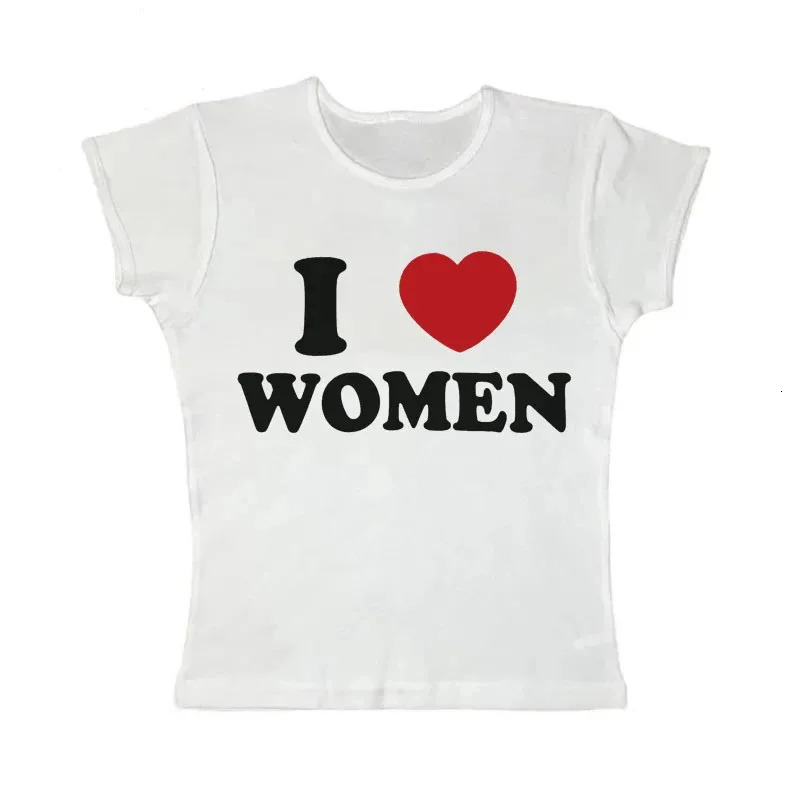 Sexy kawayii letter I LOVE WOMEN print 90s Graphic Tshirt Harajuku Tops Tee Cute Short Sleeve aesthetic slim baby tees 250514