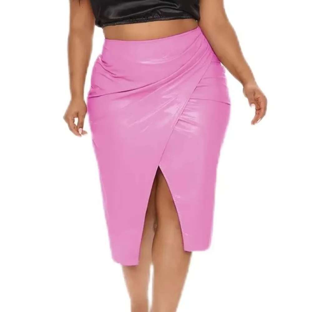 High Waist Stretch Plus Size Sissy Sexy PVC Leather Front Split Solid Color Revelry Party Lady Package Hips Skirts